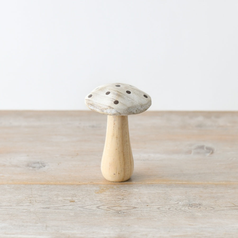 Whitewash Wooden Mushroom 12cm – Rustic Woodland Decor with Shimmering Spots, Nature-Inspired Ornament for Home or Garden Displays