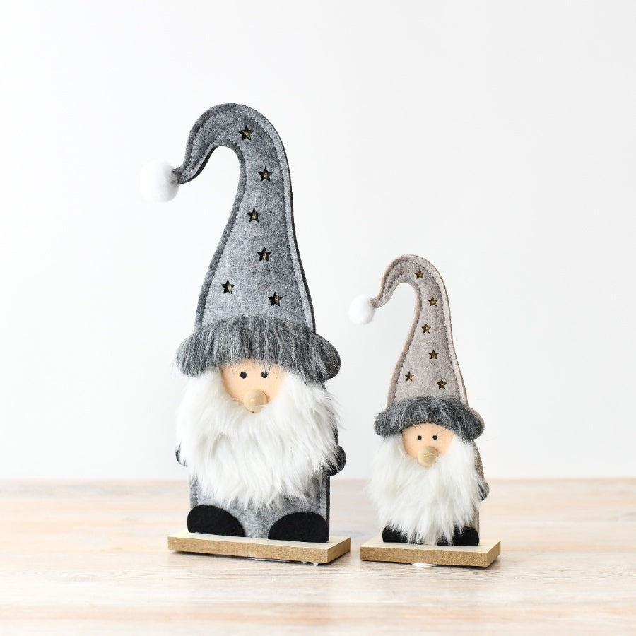 LED Light Up Santa 20cm – Standing Grey Felt Christmas Decoration with Warm LED Glow for Holiday Shelves, Mantels & Festive Displays