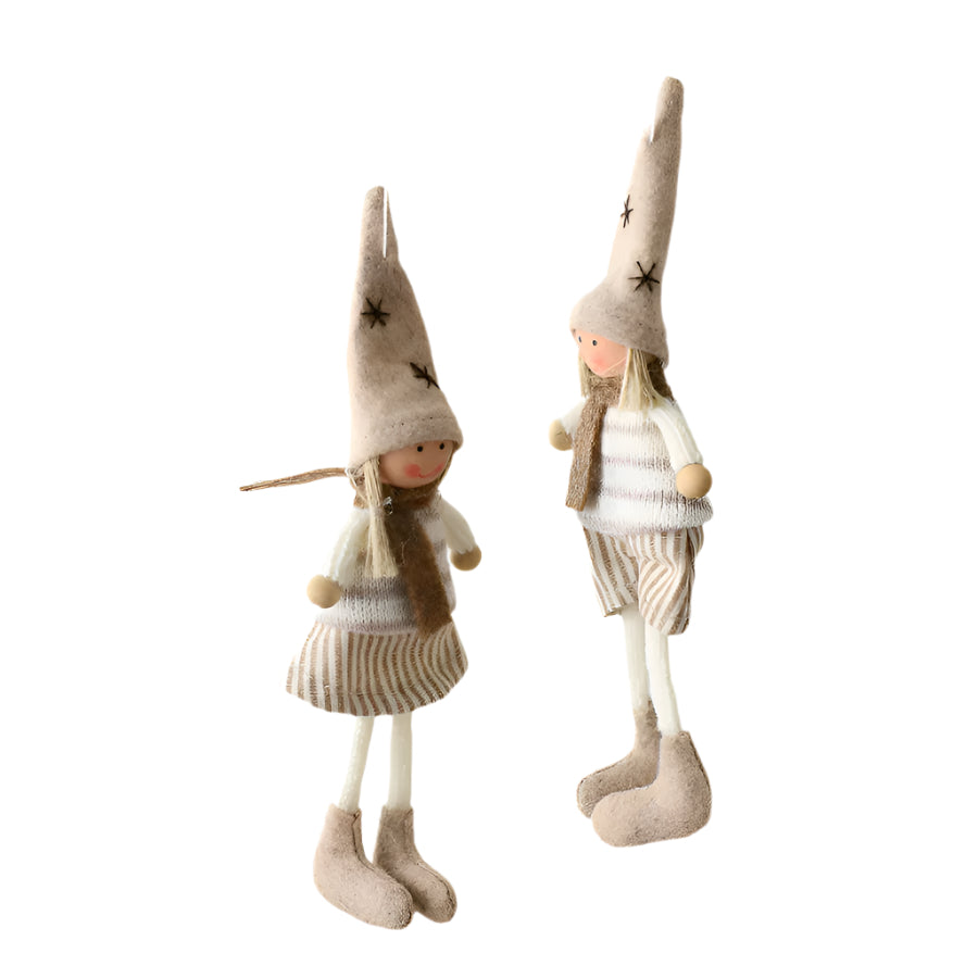Neutral Festive Girl & Boy Hangers 15cm – Classic Christmas Tree Ornaments, Sweet Holiday Hanging Decorations for Rustic Décor