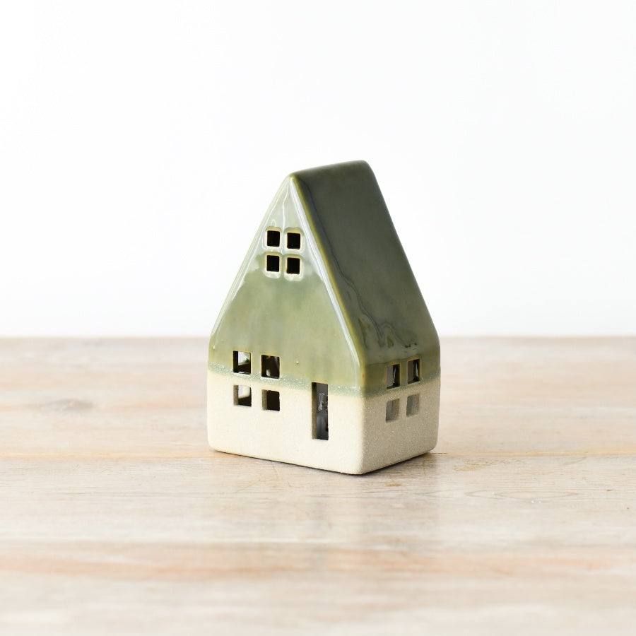 Green LED Light Up House 12cm Rustic Ceramic Christmas Festive Decor