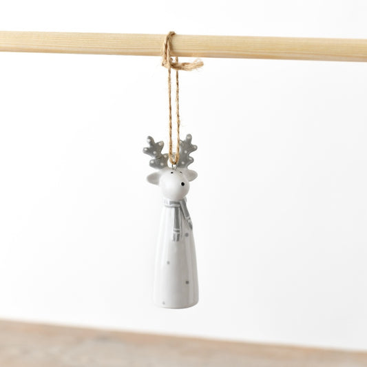 White & Grey Reindeer Hanger, 10.2cm Glossy Christmas Tree Decoration