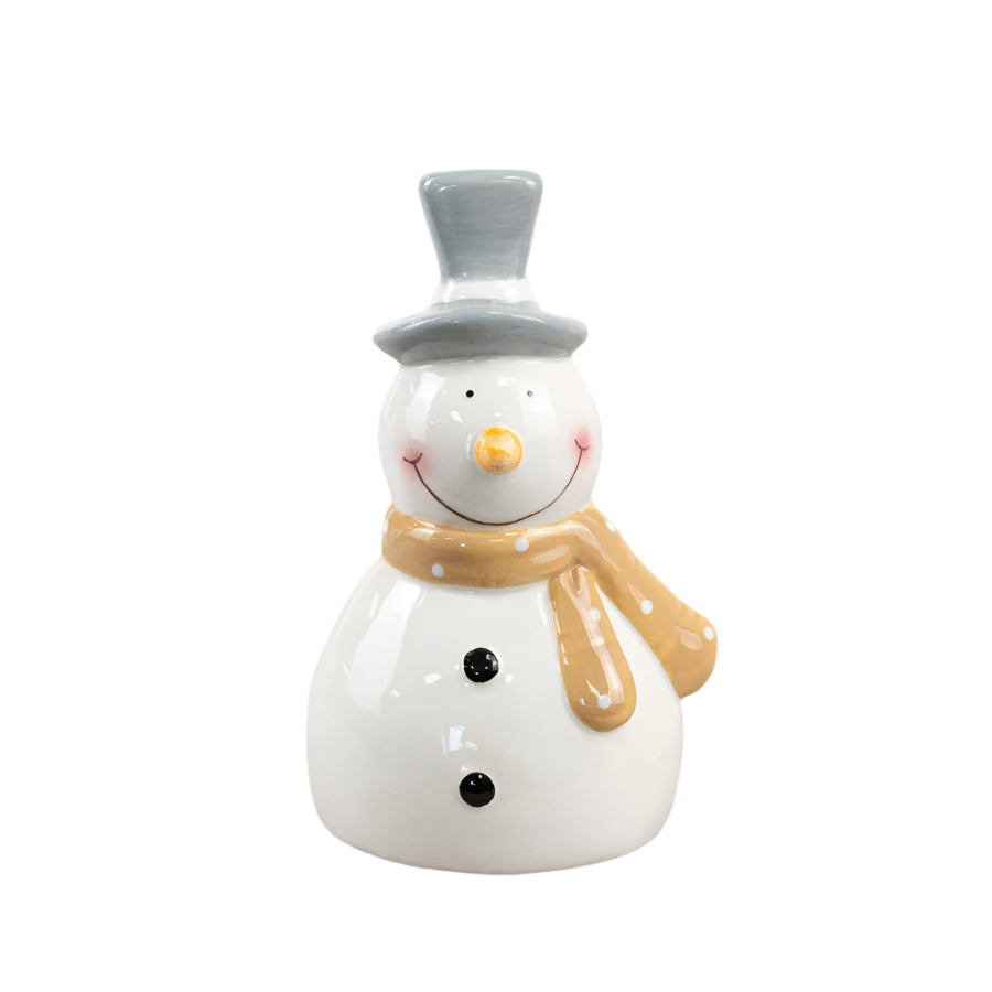 Snowman Ornament, 15cm Ceramic Winter Decor with Orange Spotty Scarf