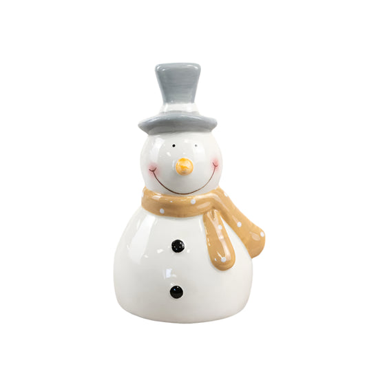 Snowman Ornament, 15cm Ceramic Winter Decor with Orange Spotty Scarf
