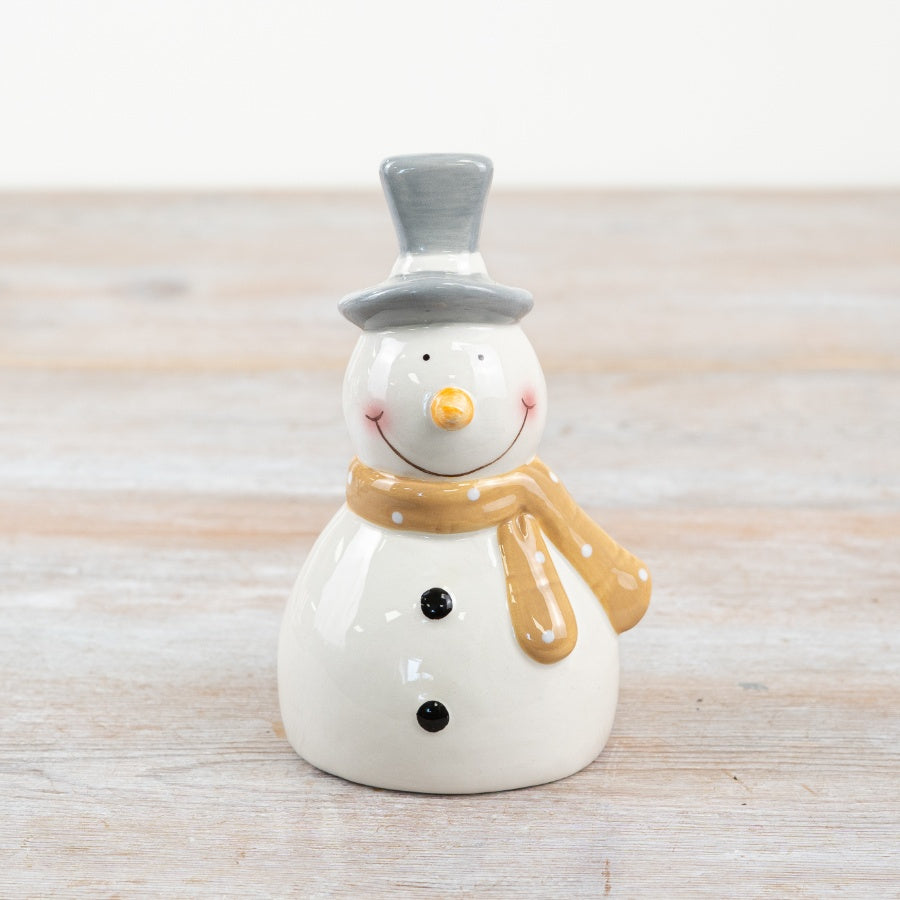 Snowman Ornament, 15cm Ceramic Winter Decor with Orange Spotty Scarf