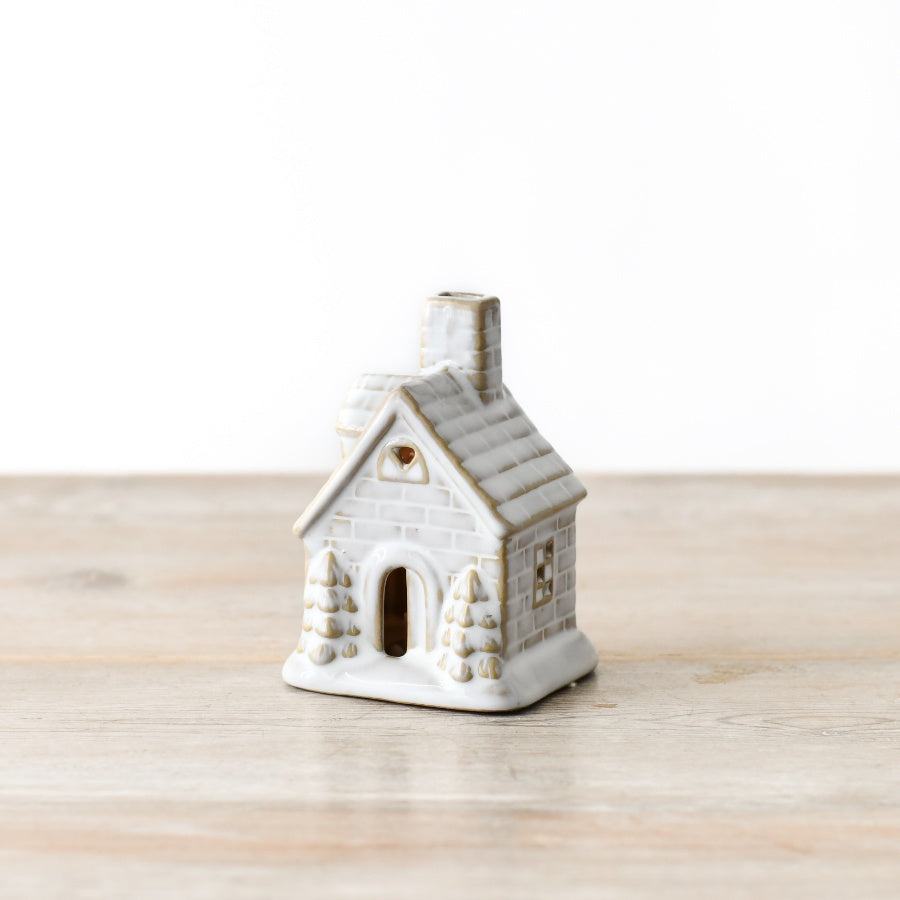 White Reactive Glaze LED House, 10cm Rustic Ceramic Light Up Decoration