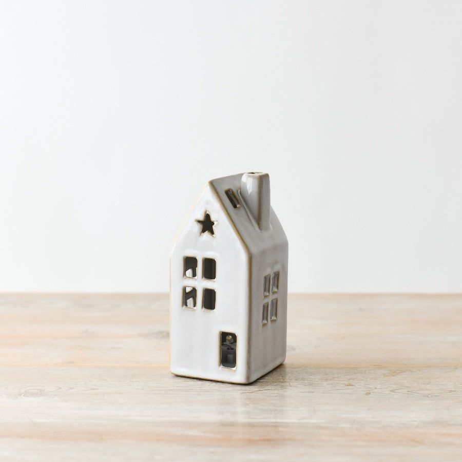 LED Ceramic House with Star, 10cm Rustic Christmas Light Up Ornament