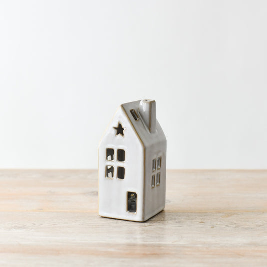 LED Ceramic House with Star, 10cm Rustic Christmas Light Up Ornament
