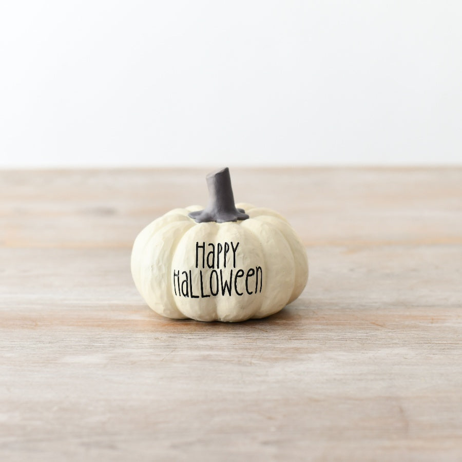 White Happy Halloween Pumpkin, 10.5cm Engraved Festive Decoration