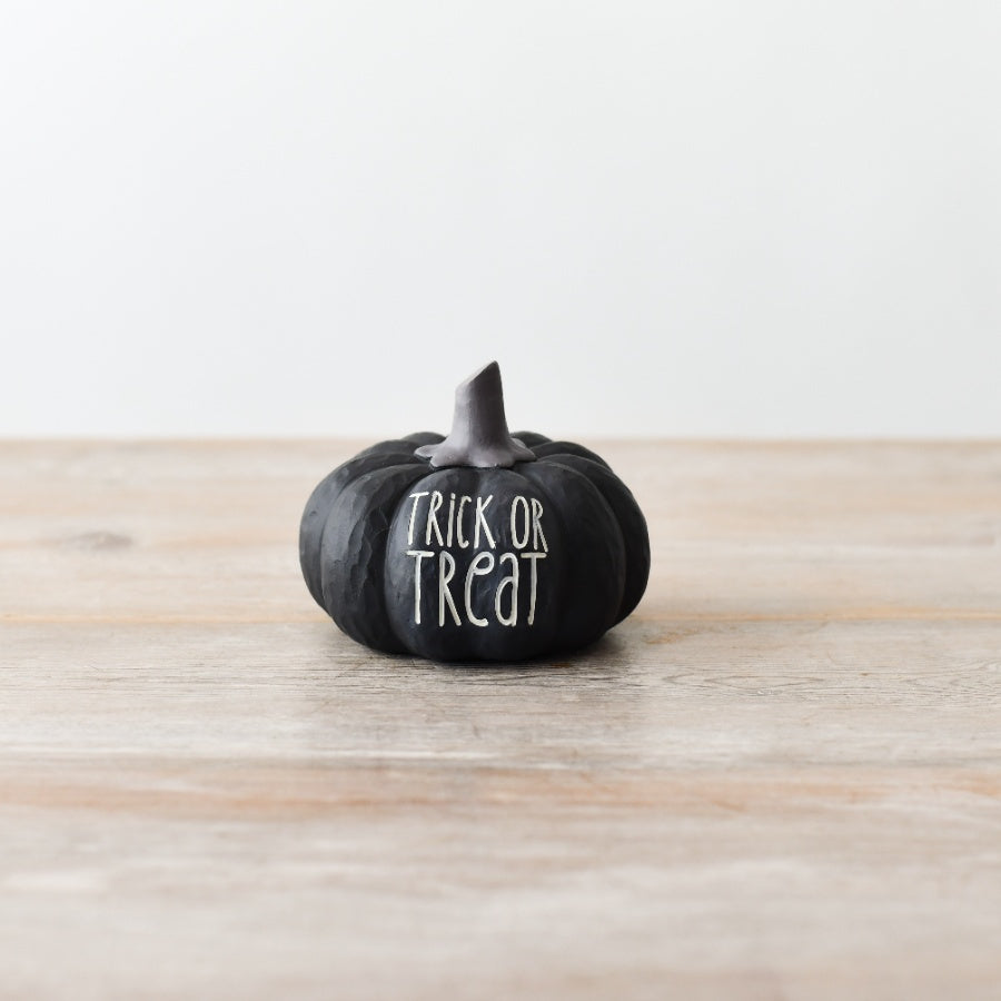 Black Trick or Treat Pumpkin, 10.5cm Halloween Decoration with White Text