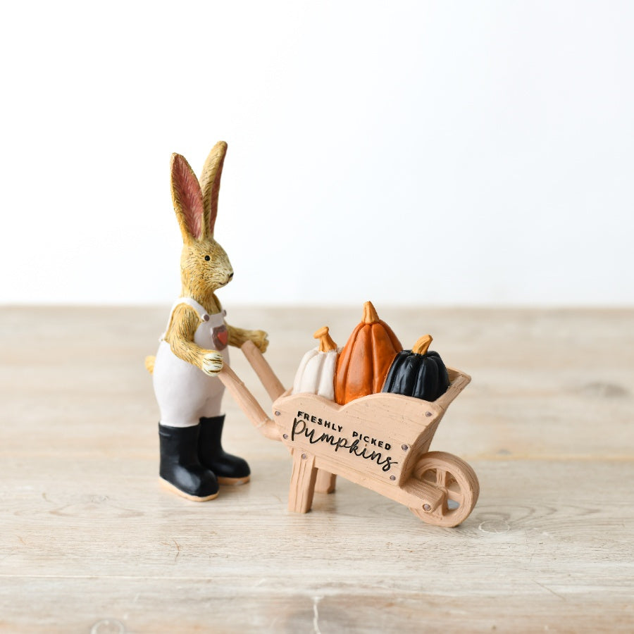 Autumn Rabbit with Pumpkin Wheelbarrow, 14cm Resin Fall Home Decoration