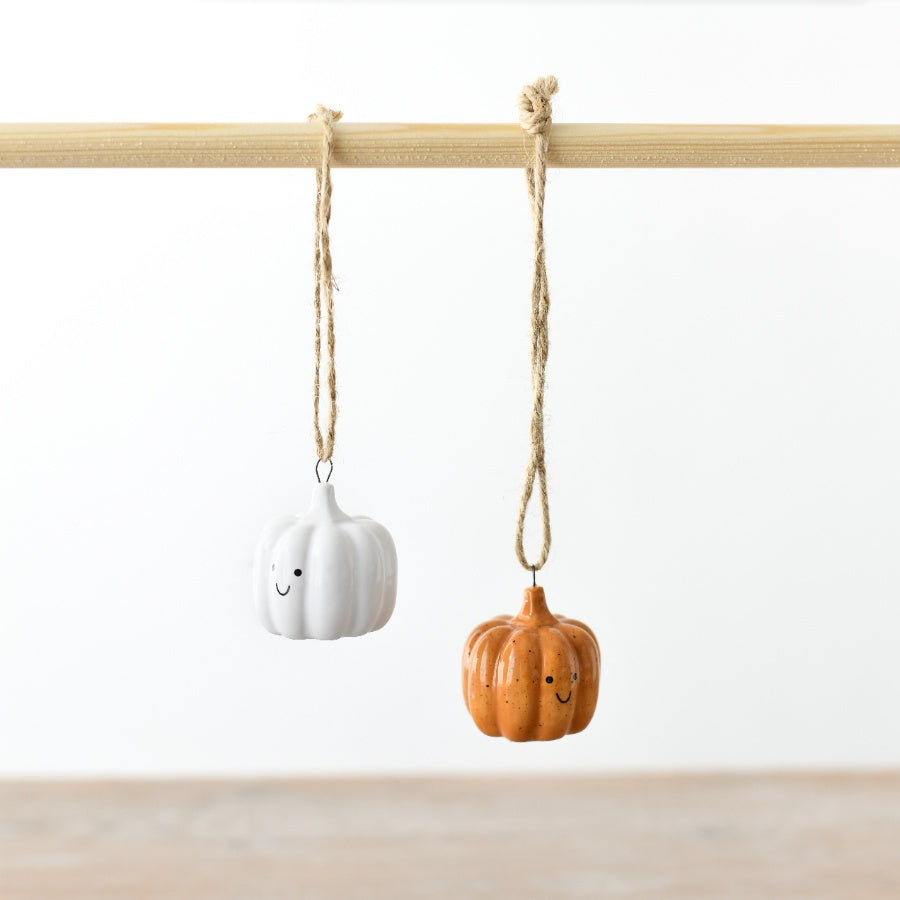 White Smiley Pumpkin Hanging Ornament, 4cm Ceramic Autumn Decoration