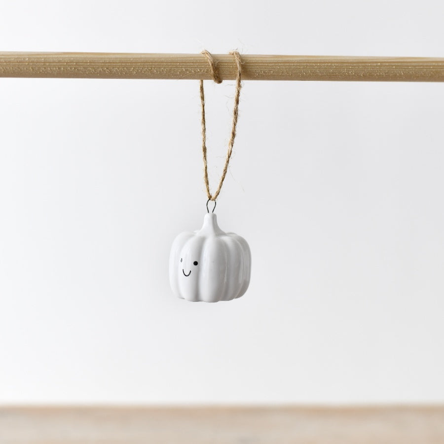 White Smiley Pumpkin Hanging Ornament, 4cm Ceramic Autumn Decoration