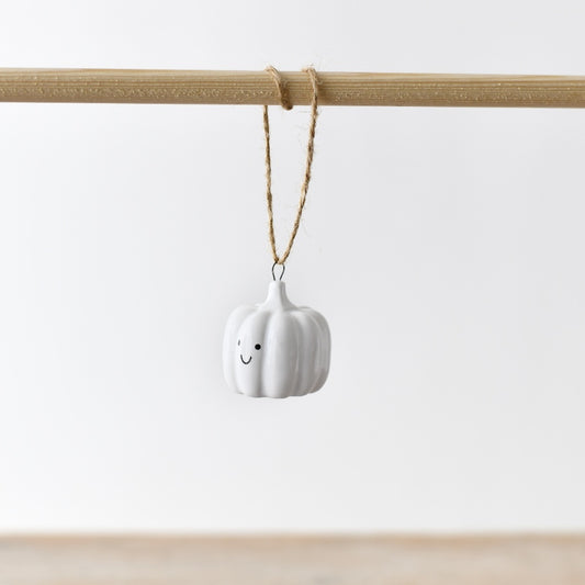 White Smiley Pumpkin Hanging Ornament, 4cm Ceramic Autumn Decoration