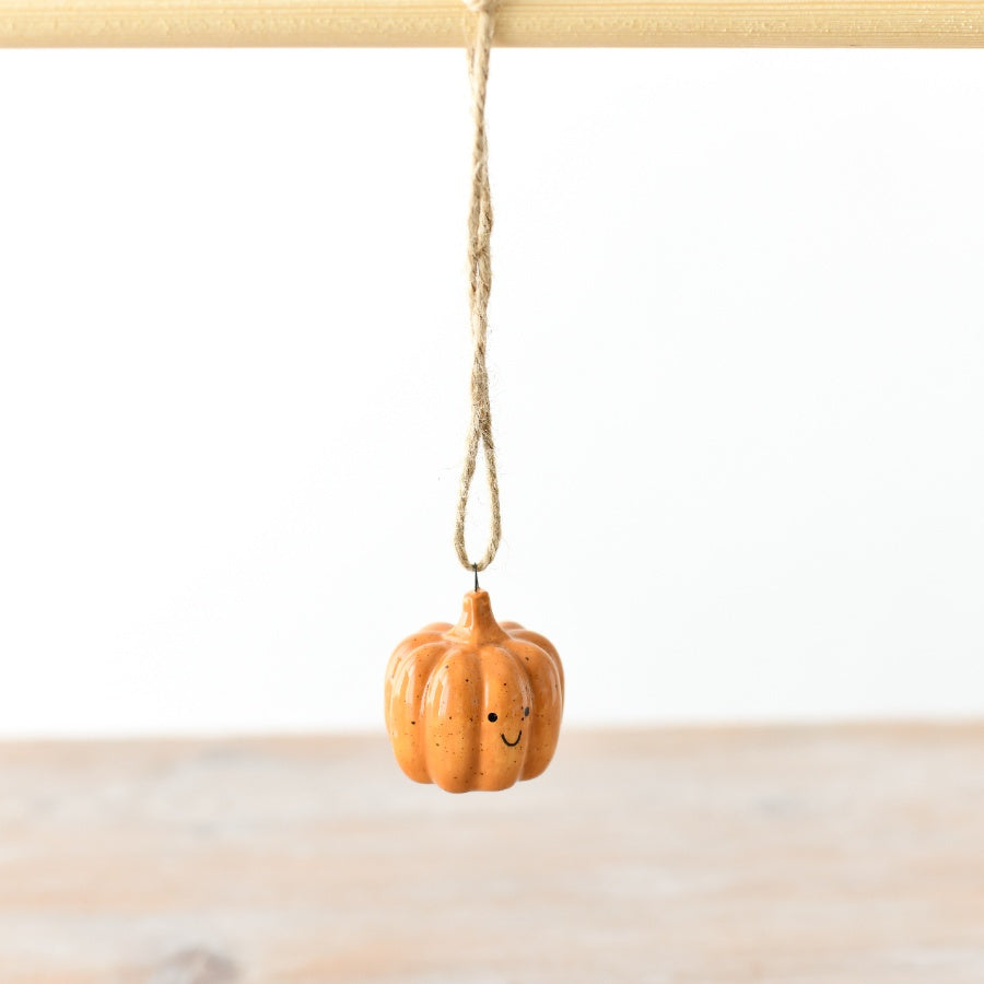 Smiley Orange Pumpkin Hanging Ornament, 4cm Speckled Ceramic Decor