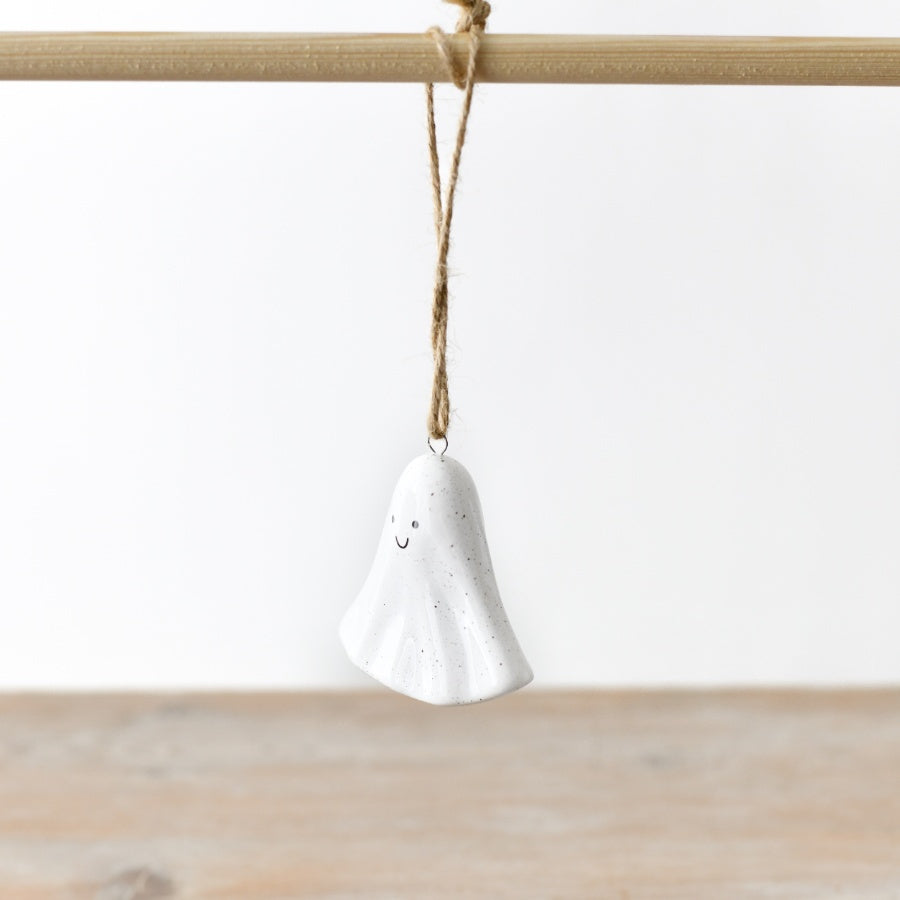 Smiley Ghost Hanging Ornament, 6.5cm Speckled Ceramic Halloween Decor