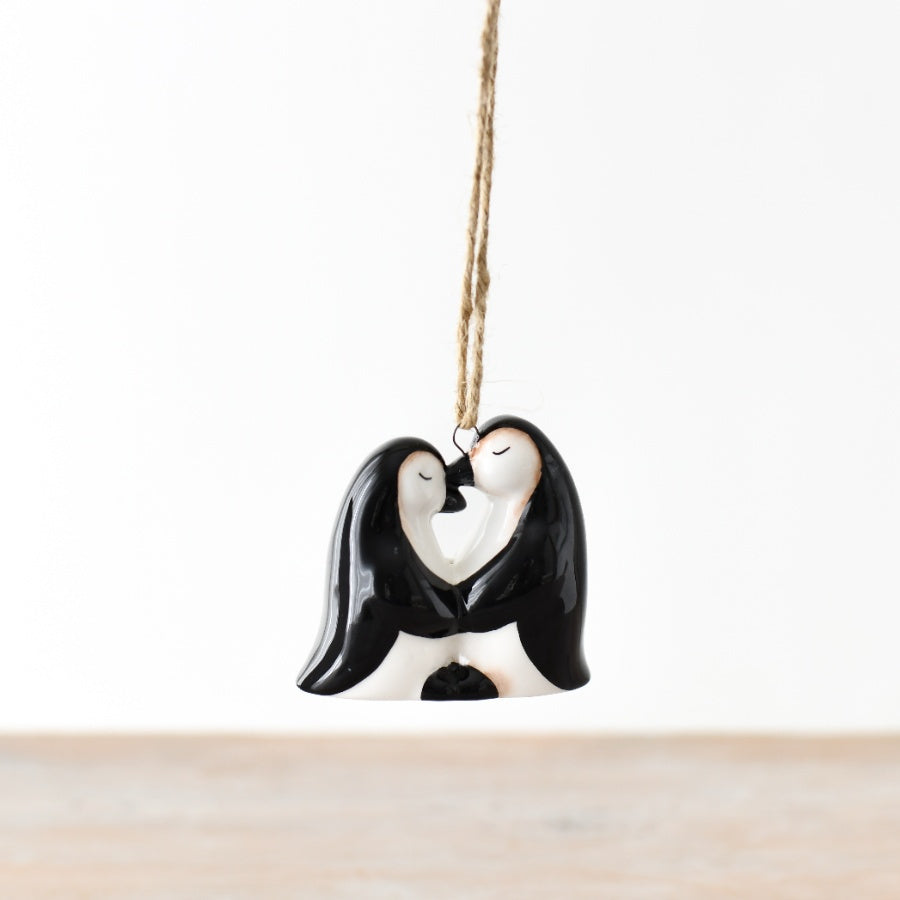 Penguin Couple Hanging Ornament, 7cm Ceramic Winter Decoration with Jute