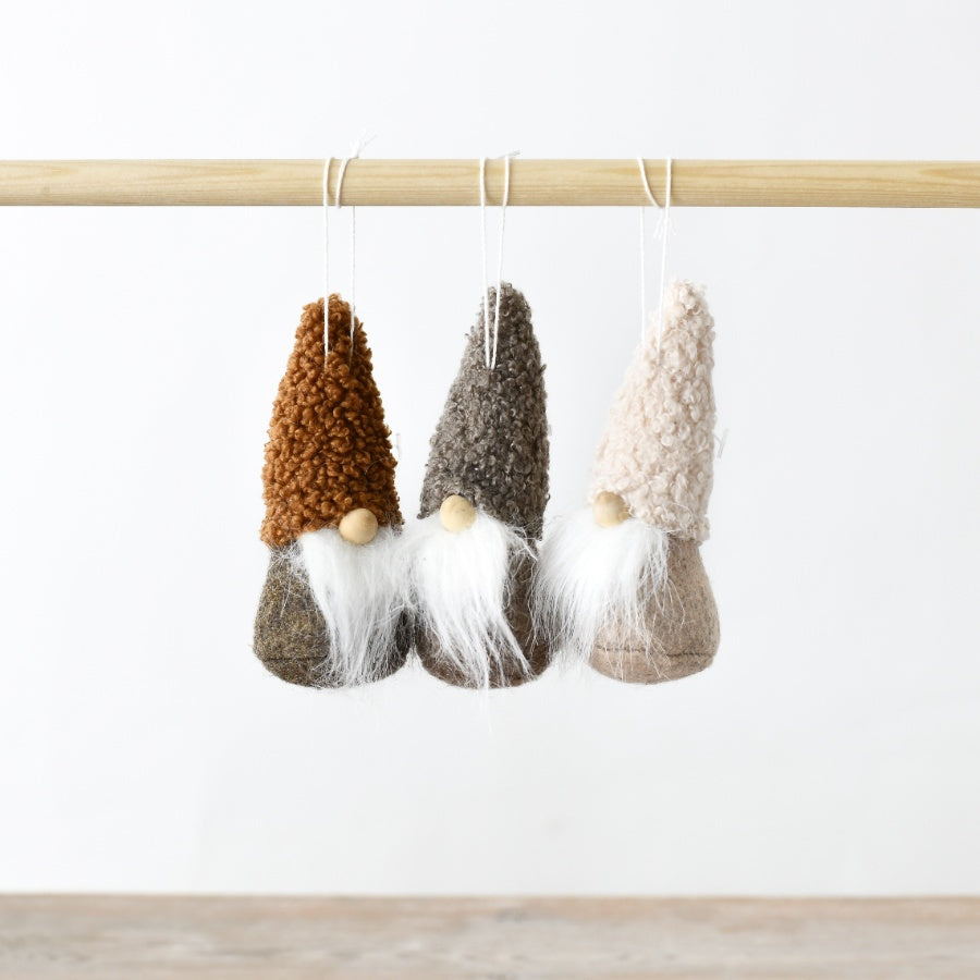 Sherpa Gonk Ornaments 10cm – Neutral Fabric Decorations, Set of 3 Cozy Hat Designs