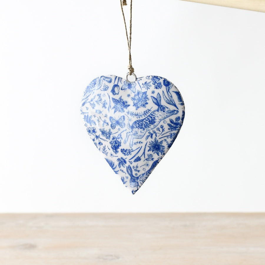 Blue Hare Hanging Heart, 10cm Metal Decor with Folk Style Rabbit Design