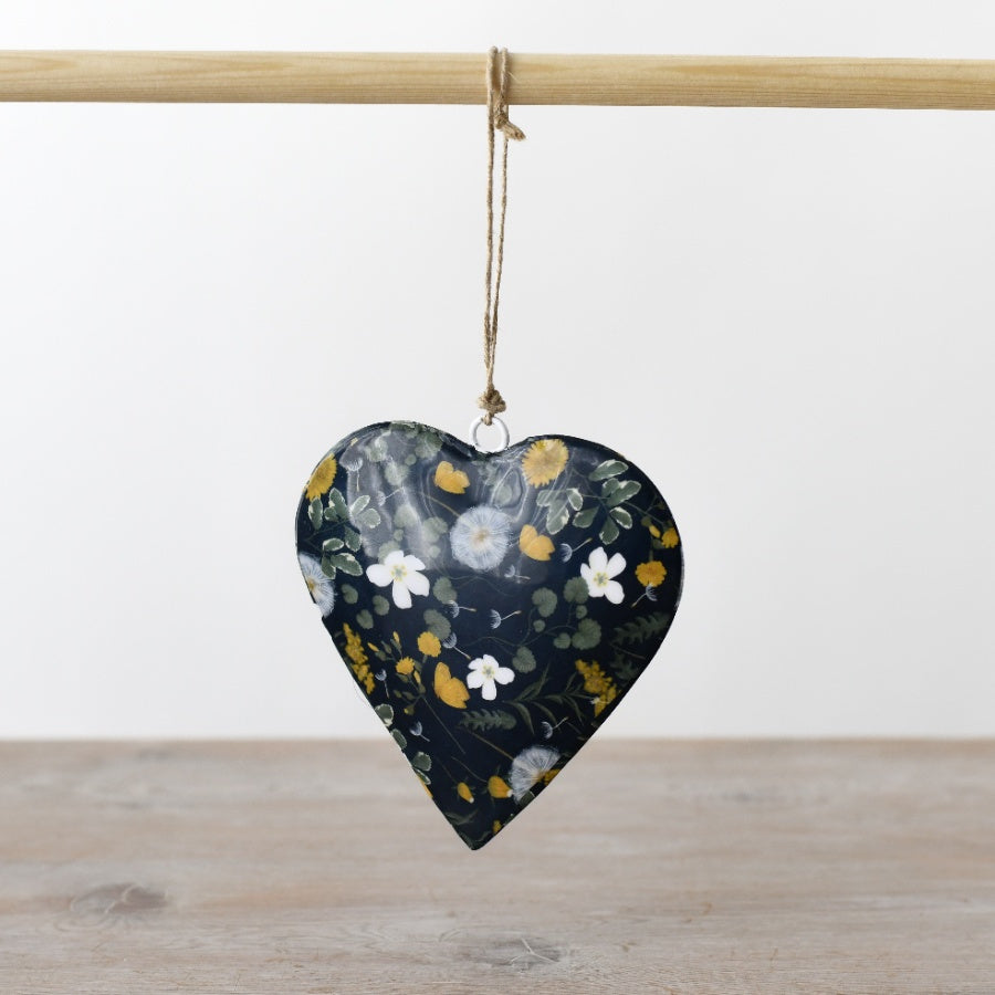 Metal Floral Hanging Heart, 10cm Blue Heart with Colorful Flower Design