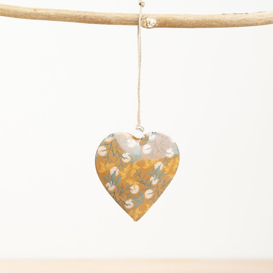 Woodland Hanging Heart, 8cm Yellow Ornament with Mushroom Detail