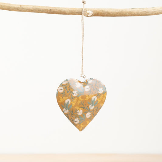Woodland Hanging Heart, 8cm Yellow Ornament with Mushroom Detail