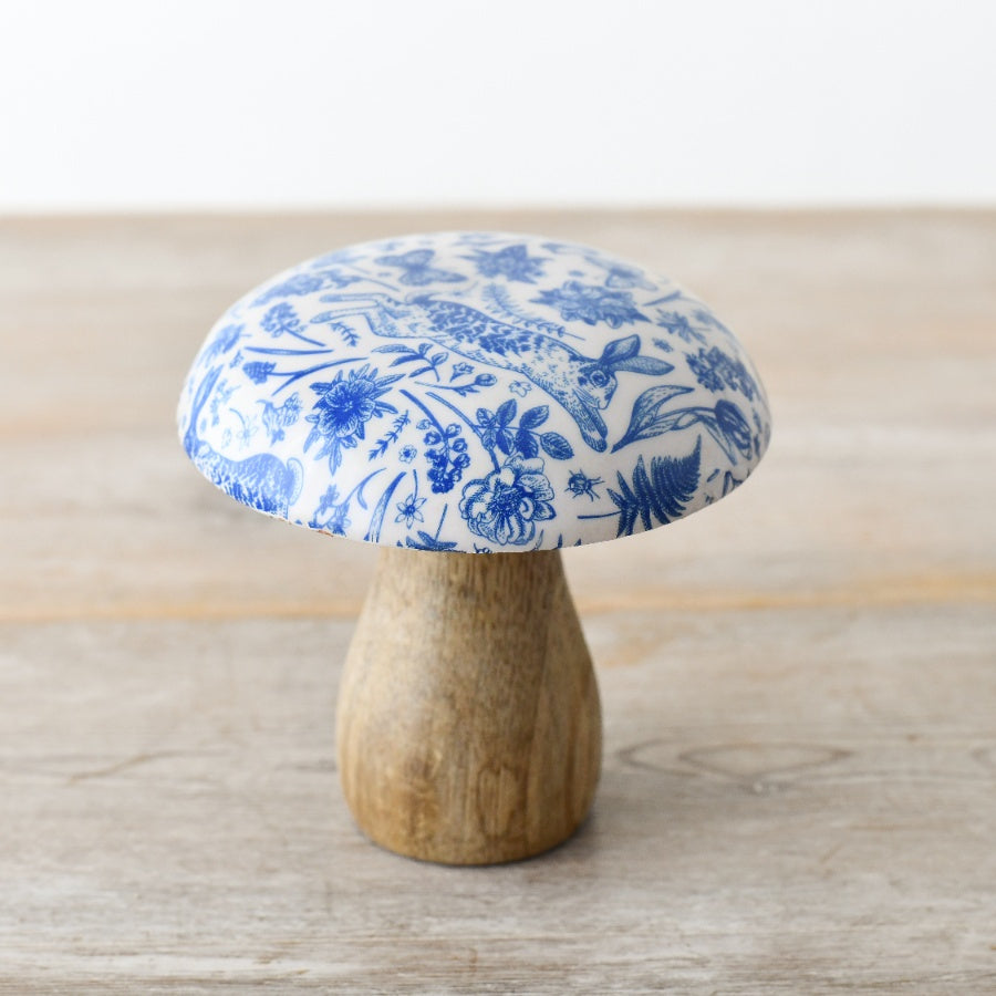 Blue Hare Wooden Mushroom, 15cm Enamel Cap with Hares and Floral Design