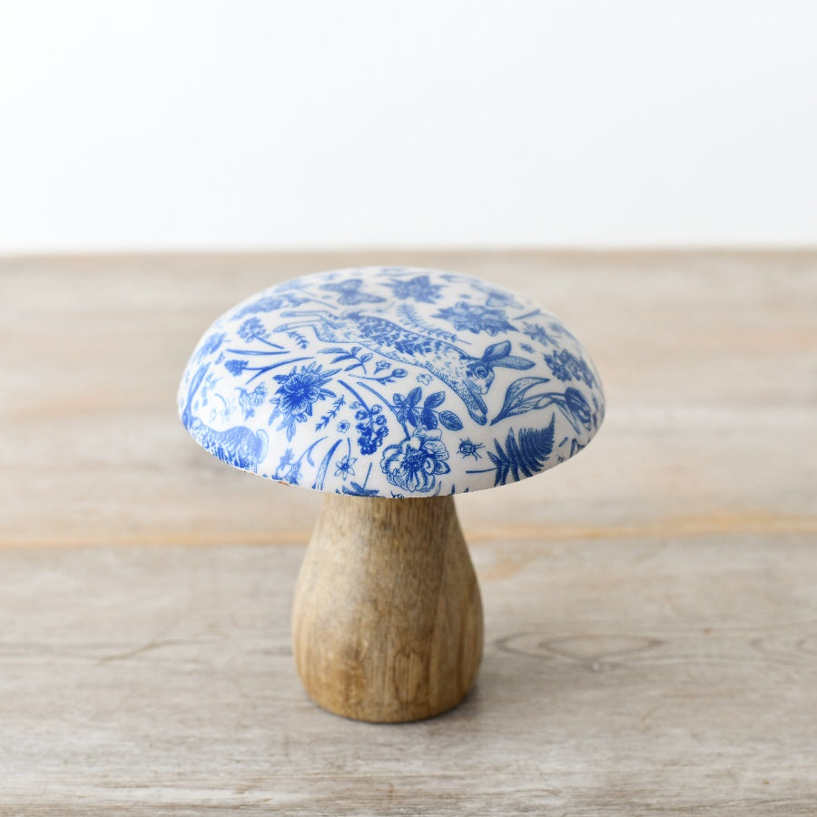 Blue Hare Wooden Mushroom, 10cm Enamel Cap Nature Decoration