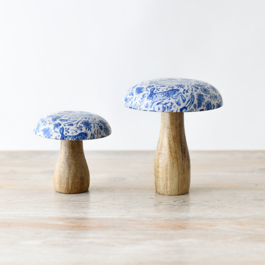 Blue Hare Wooden Mushroom, 10cm Enamel Cap Nature Decoration