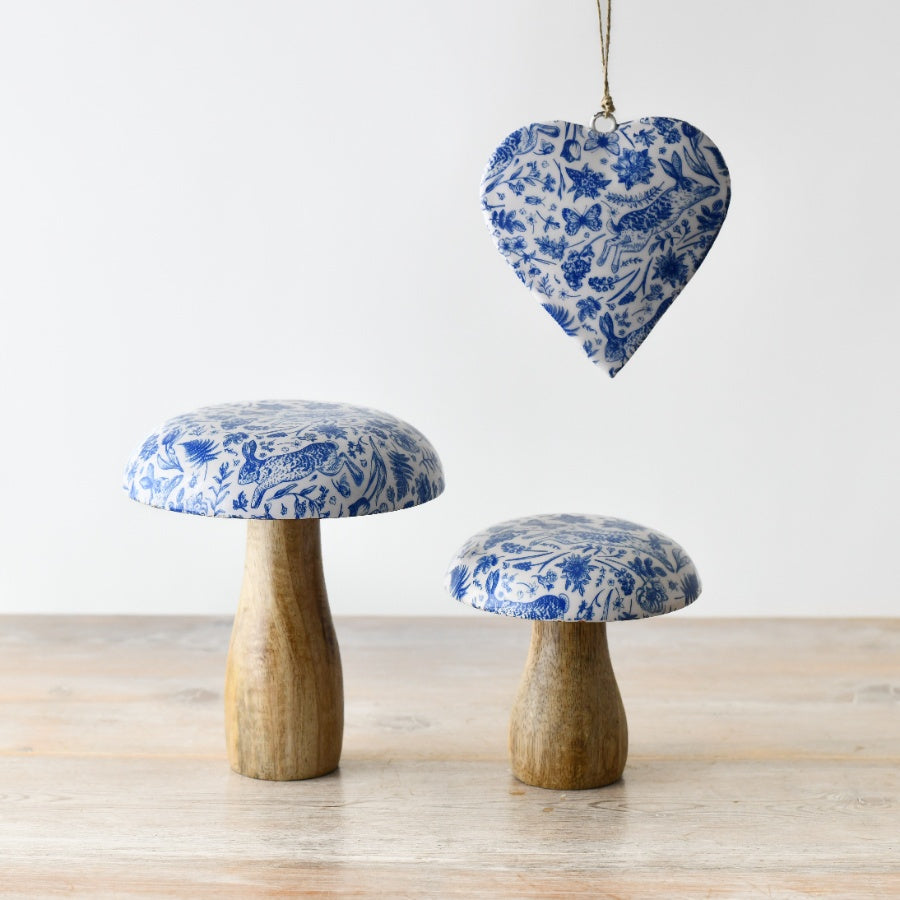 Blue Hare Wooden Mushroom, 10cm Enamel Cap Nature Decoration