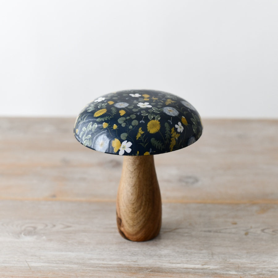 Patterned Wooden Mushroom, 15cm Floral Glazed Top Nature Decoration