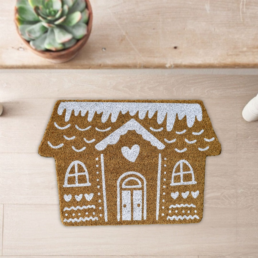 Brown House Design Doormat, 60cm Coir Entry Mat with White House Motif