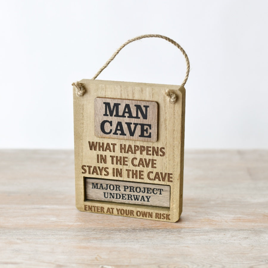 Wooden Man Cave Sign, 15cm Rustic Wall Plaque with Jute String Hanger