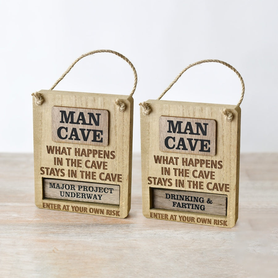 Wooden Man Cave Sign, 15cm Rustic Wall Plaque with Jute String Hanger