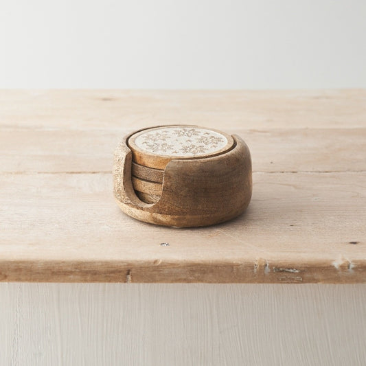 Snowflake Coaster Set, 11cm Mango Wood, Set of 4 with Star and Winter Design