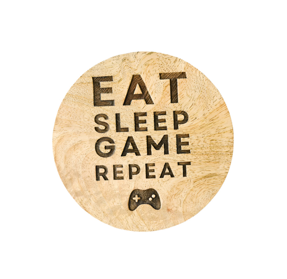 Gaming Coaster, 10cm Engraved Wood 'Eat Sleep Game Repeat' Gift for Gamers