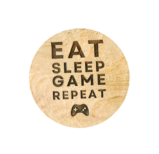 Gaming Coaster, 10cm Engraved Wood 'Eat Sleep Game Repeat' Gift for Gamers