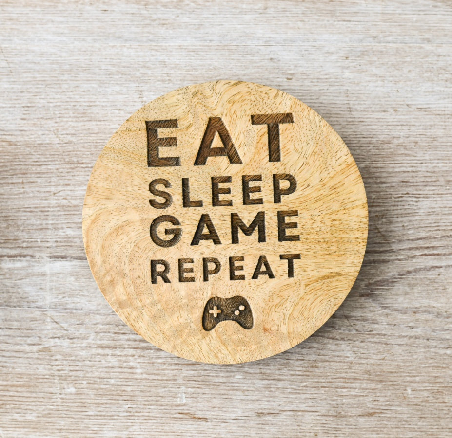 Gaming Coaster, 10cm Engraved Wood 'Eat Sleep Game Repeat' Gift for Gamers