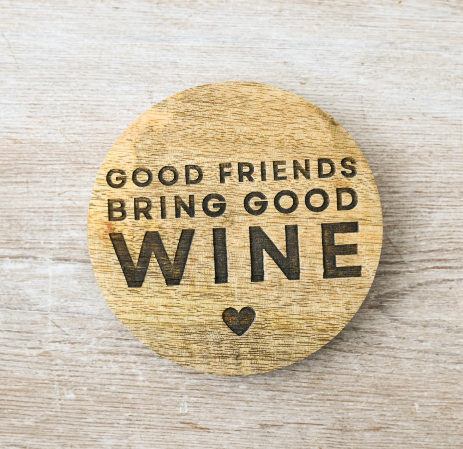 Good Friends Wine Coaster, 10cm Rustic Wooden Gift for Wine Lovers