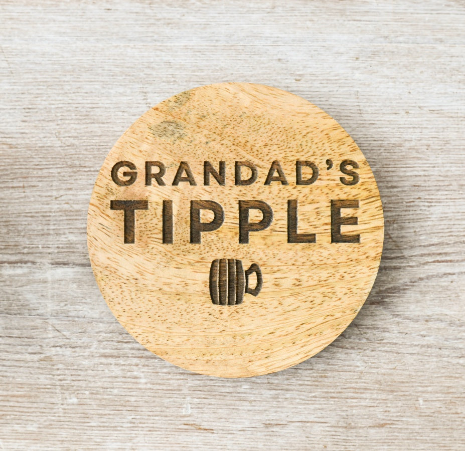 Grandads Tipple Coaster, 10cm Engraved Wooden Gift for Grandpa’s Drinks