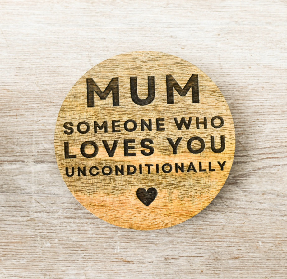 Wooden Mum Coaster, 10cm Gift with Heart Detail and Loving Script Text