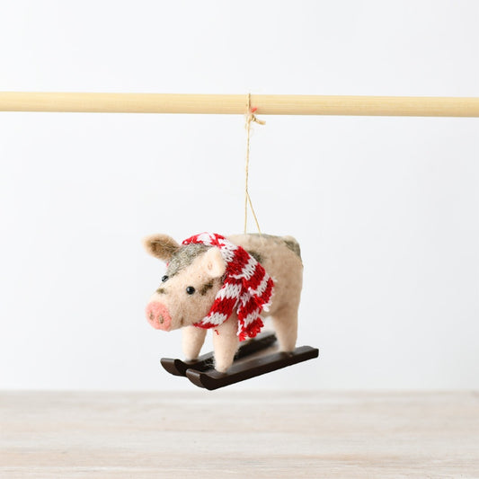 Wool Guinea Pig on Sledge Decoration 11cm – Felt Christmas Tree Ornament Cute Festive Hanging Decor