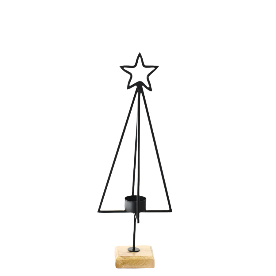 43cm Black Star Tree Candle Holder, Festive Centerpiece on Wooden Base