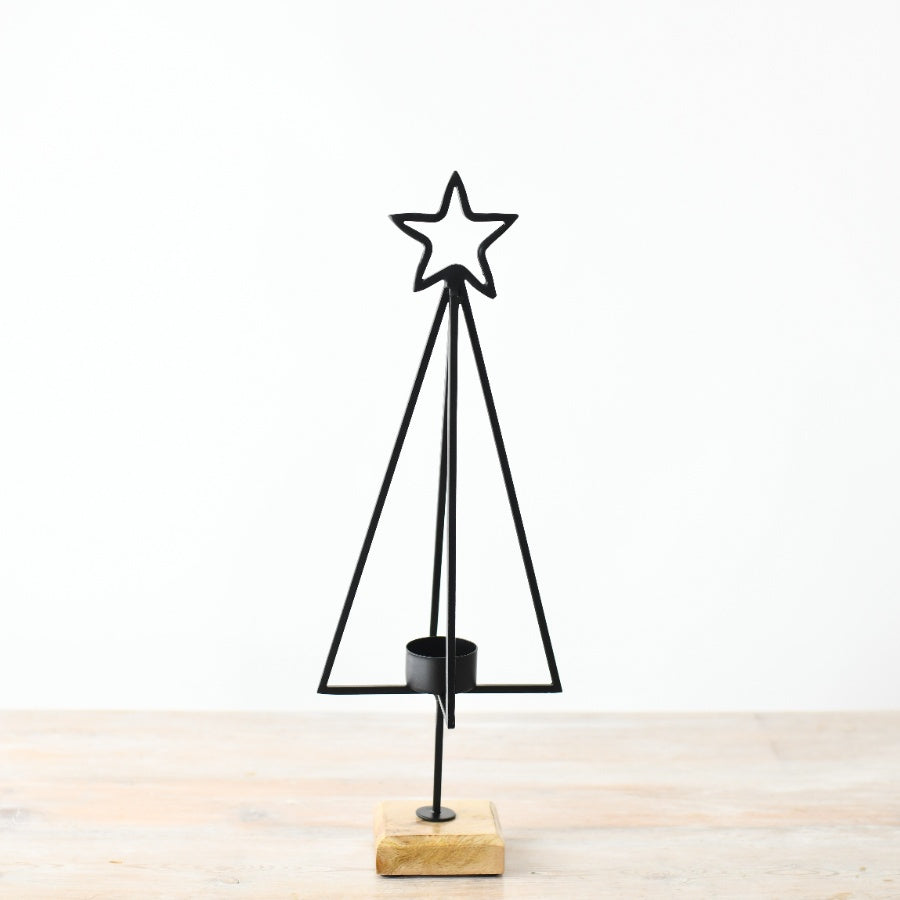 43cm Black Star Tree Candle Holder, Festive Centerpiece on Wooden Base
