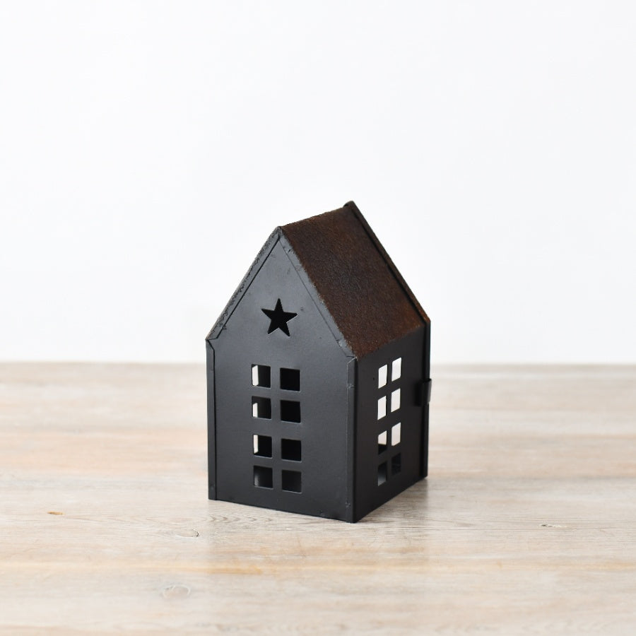 15cm Black Metal Star House, Medium Decorative Accent for Shelf or Mantel