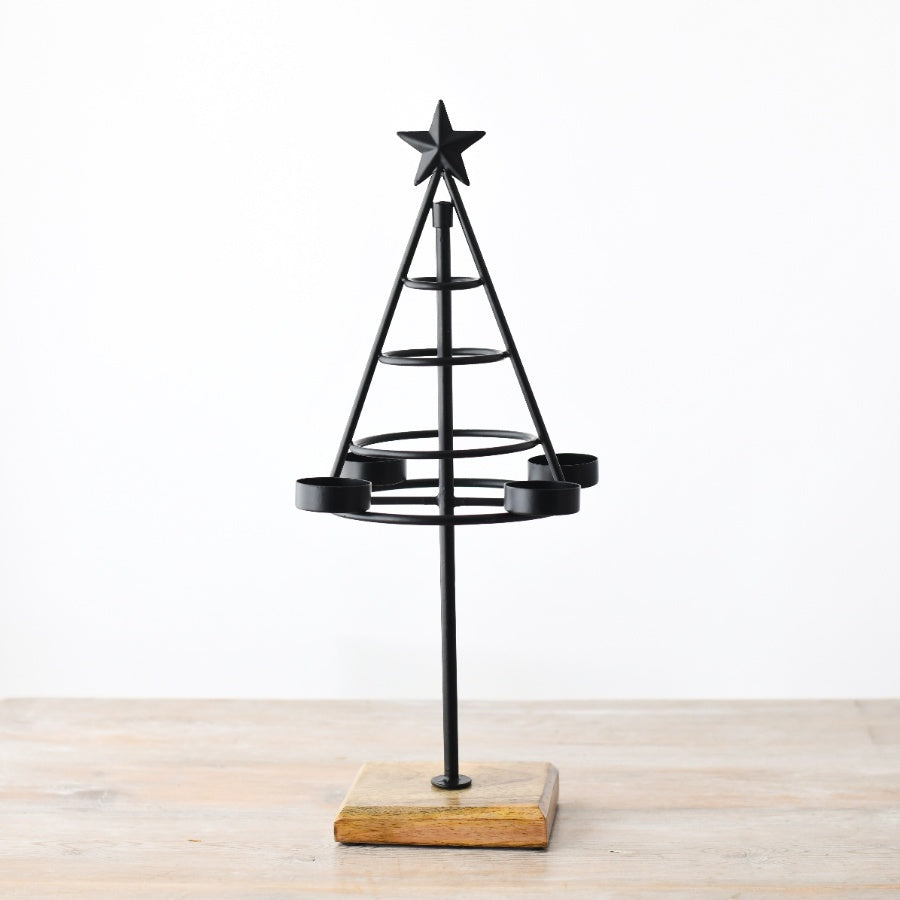 42cm Black Metal Tree Candle Holder, Christmas Tabletop Decor on Wooden Base