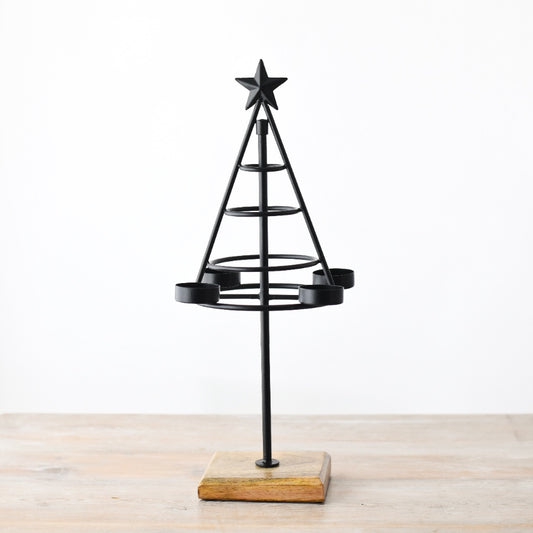 42cm Black Metal Tree Candle Holder, Christmas Tabletop Decor on Wooden Base