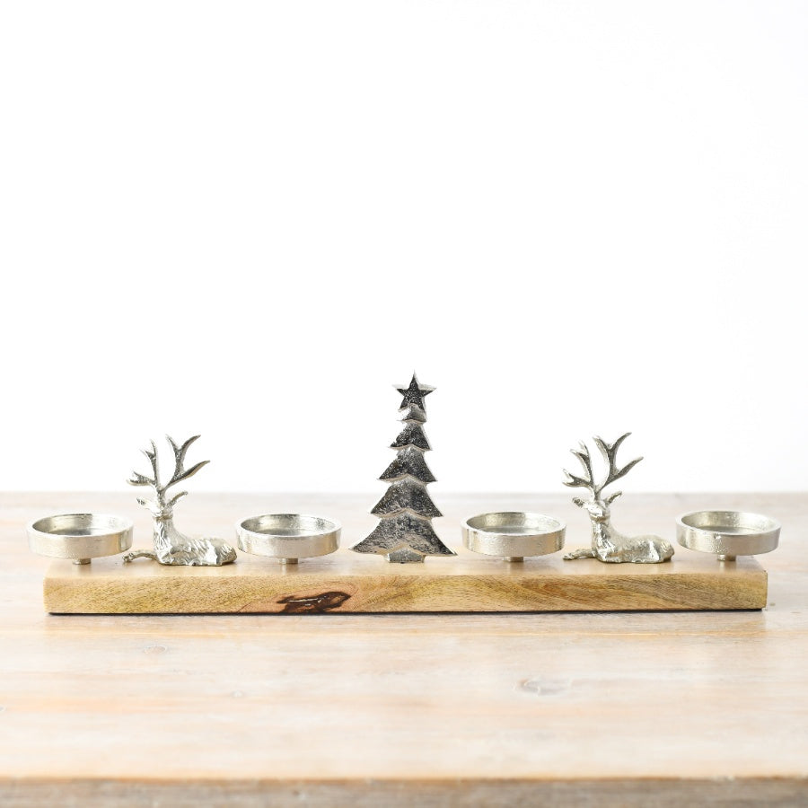 46cm Deer Scene Candle Holder, Rustic Wood & Metal 4 Tealight Winter Display