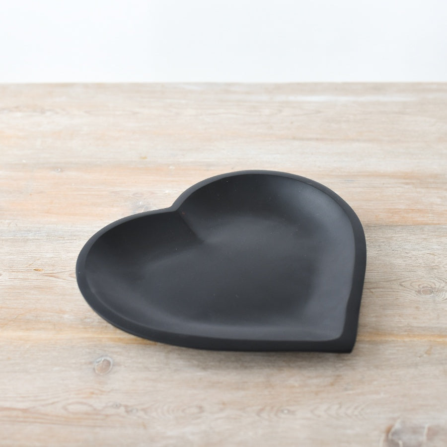 25cm Black Heart Wooden Dish, Rustic Snack Tray or Trinket Storage Bowl