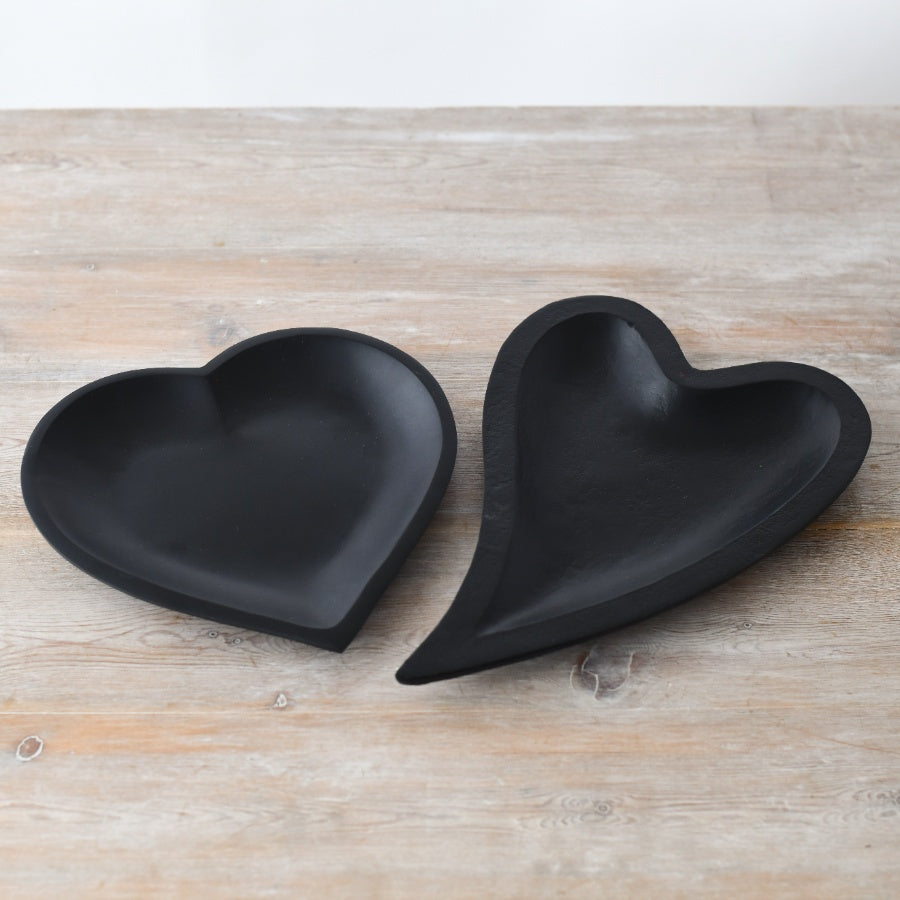 25cm Black Heart Wooden Dish, Rustic Snack Tray or Trinket Storage Bowl