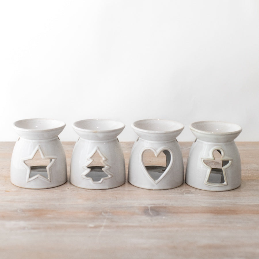 Star Oil Burner, 10.6cm White Ceramic with Cut Out Design, Wax Melt Holder